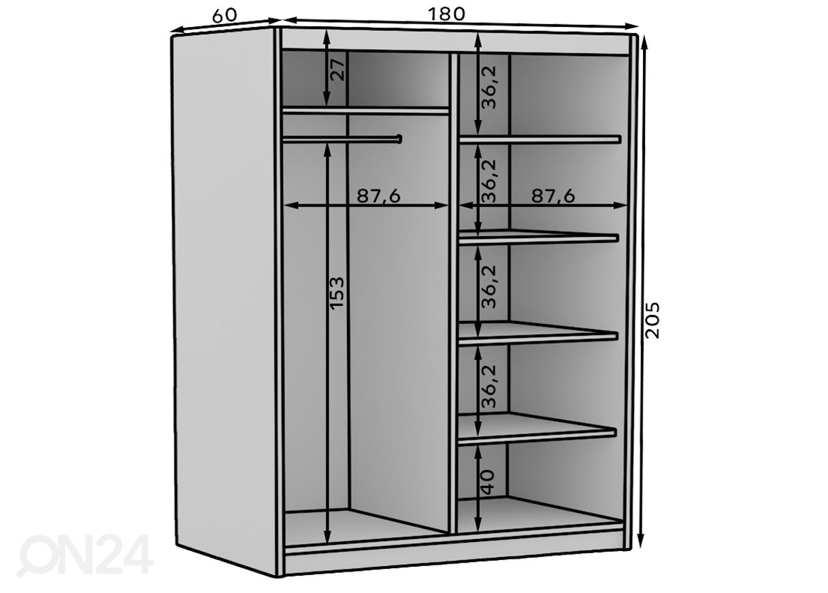 Liukuovikaappi Bao 180 cm kuvasuurennos mitat