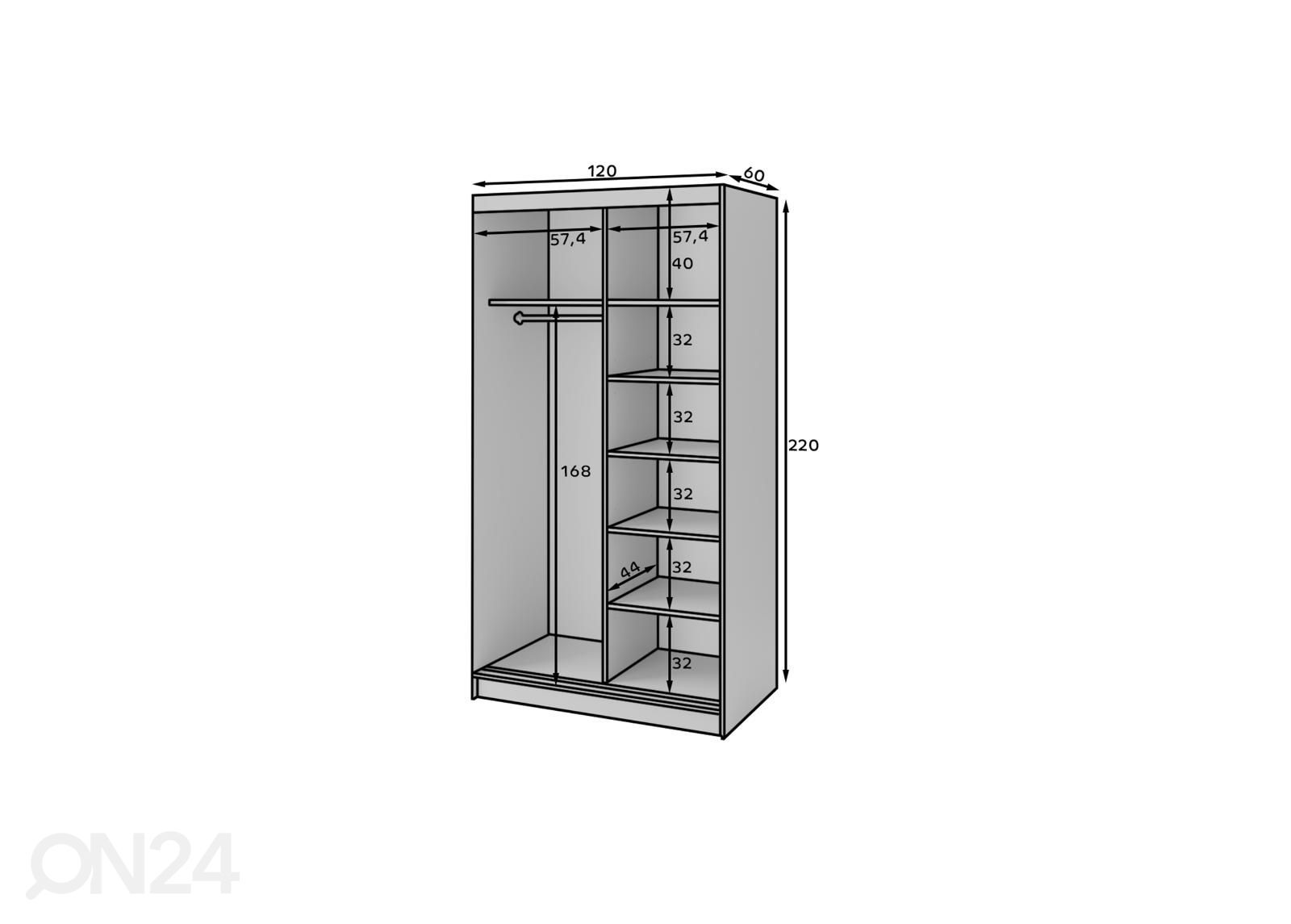 Liukuovikaappi Biancco 120 cm kuvasuurennos mitat