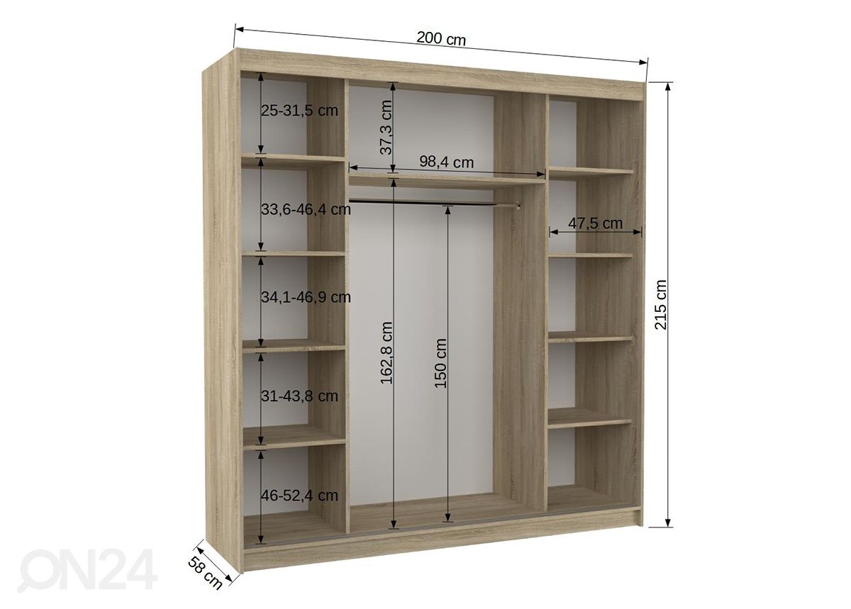 Liukuovikaappi Dixon 250 cm + LED kuvasuurennos mitat