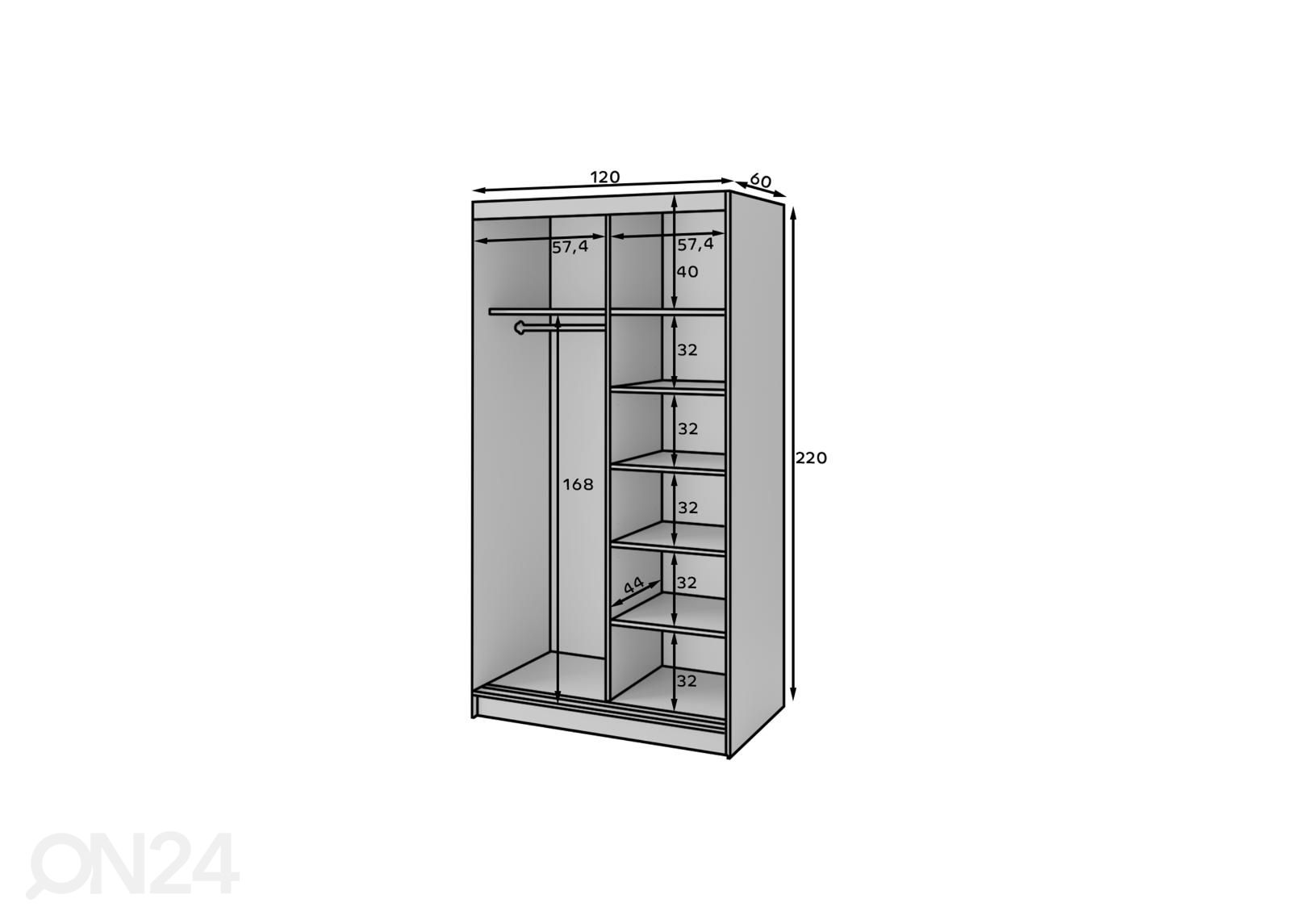 Liukuovikaappi Esville 120 cm kuvasuurennos mitat