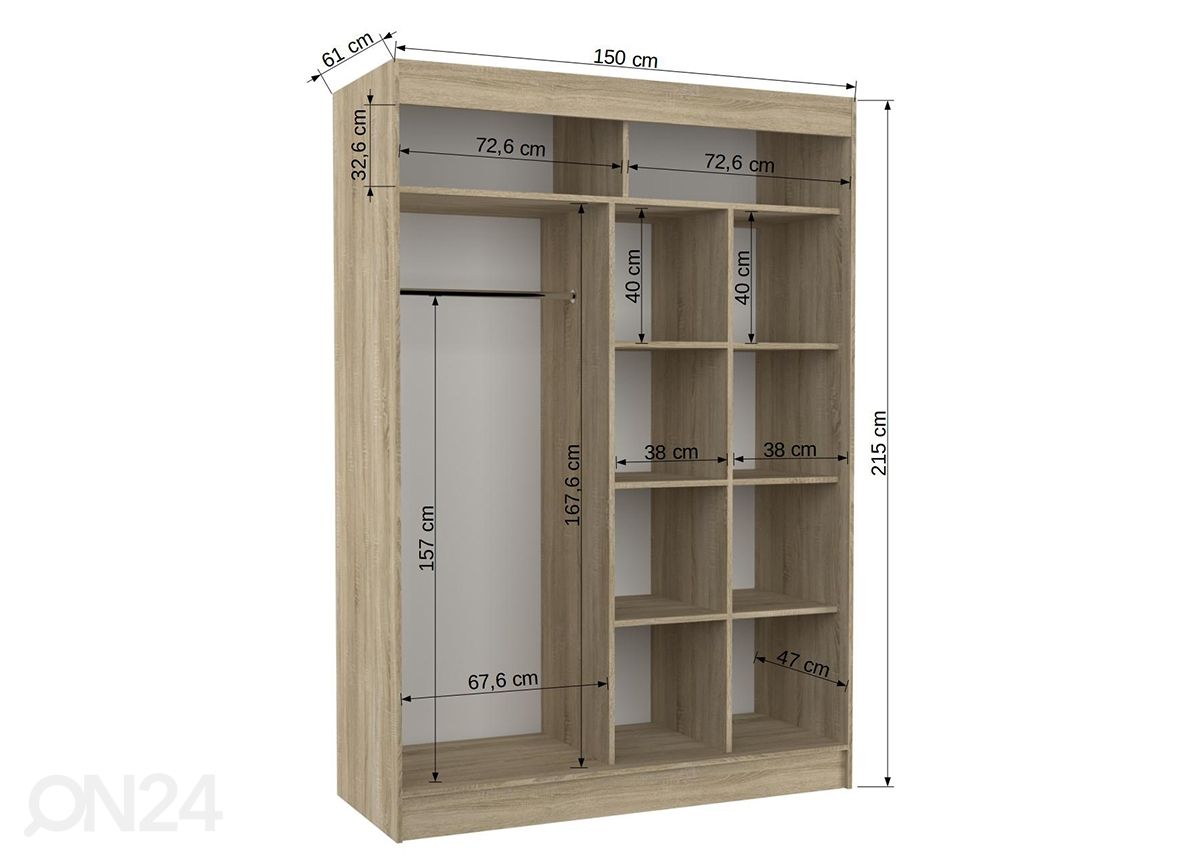 Liukuovikaappi Olivia II 150 cm kuvasuurennos mitat