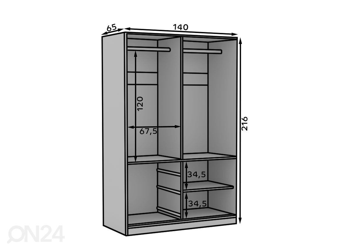 Liukuovikaappi peilillä Haines 140 cm kuvasuurennos mitat