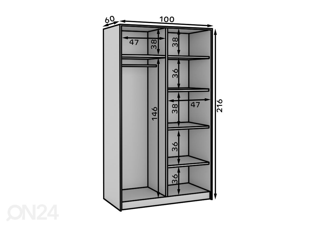 Liukuovikaappi peilillä Kayrly 100 cm kuvasuurennos mitat