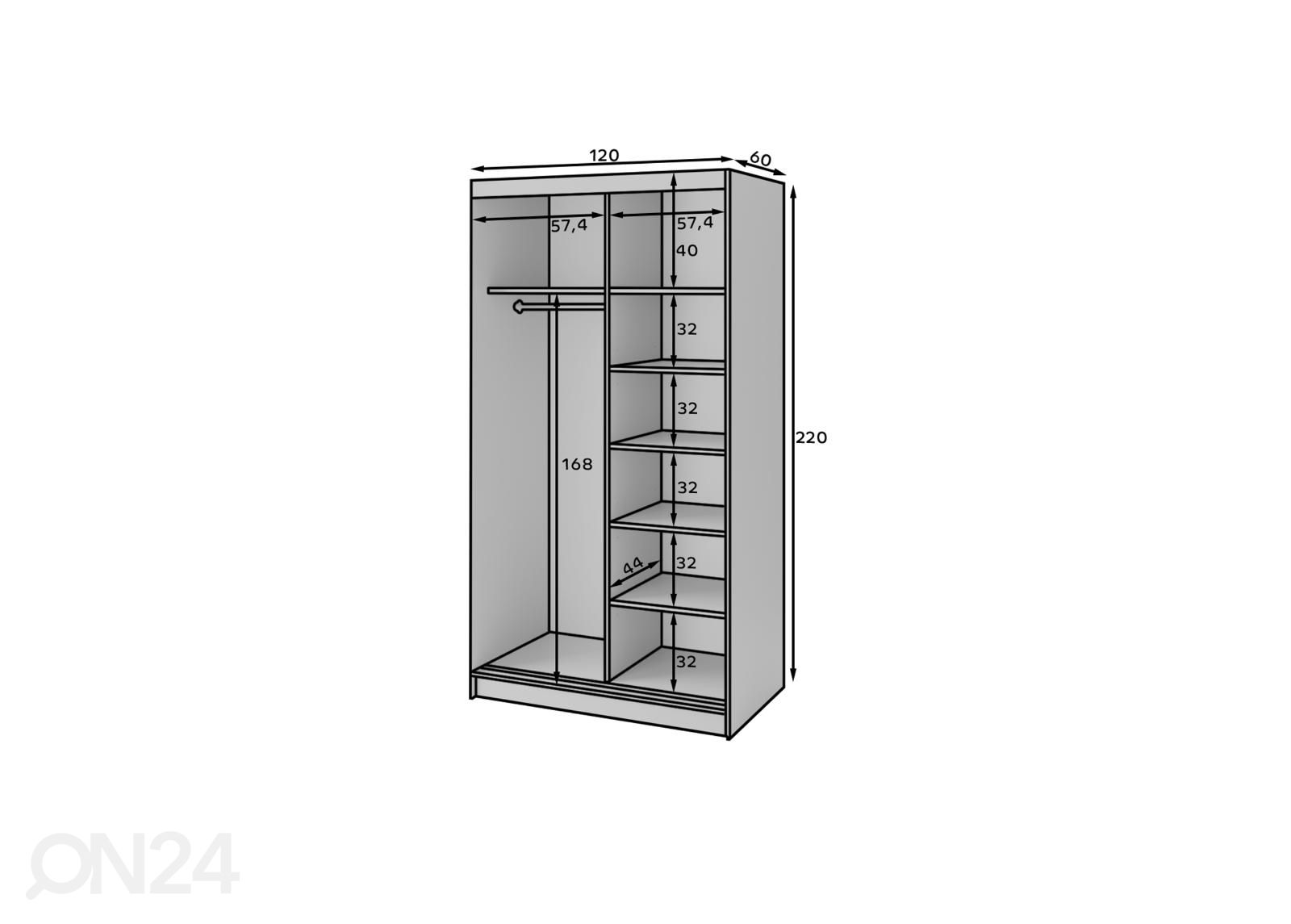 Liukuovikaappi Prescco 120 cm kuvasuurennos mitat