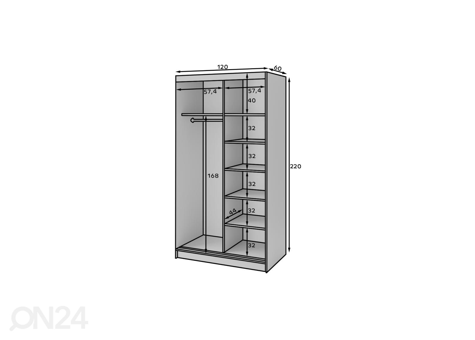 Liukuovikaappi Prescco 120 cm kuvasuurennos mitat