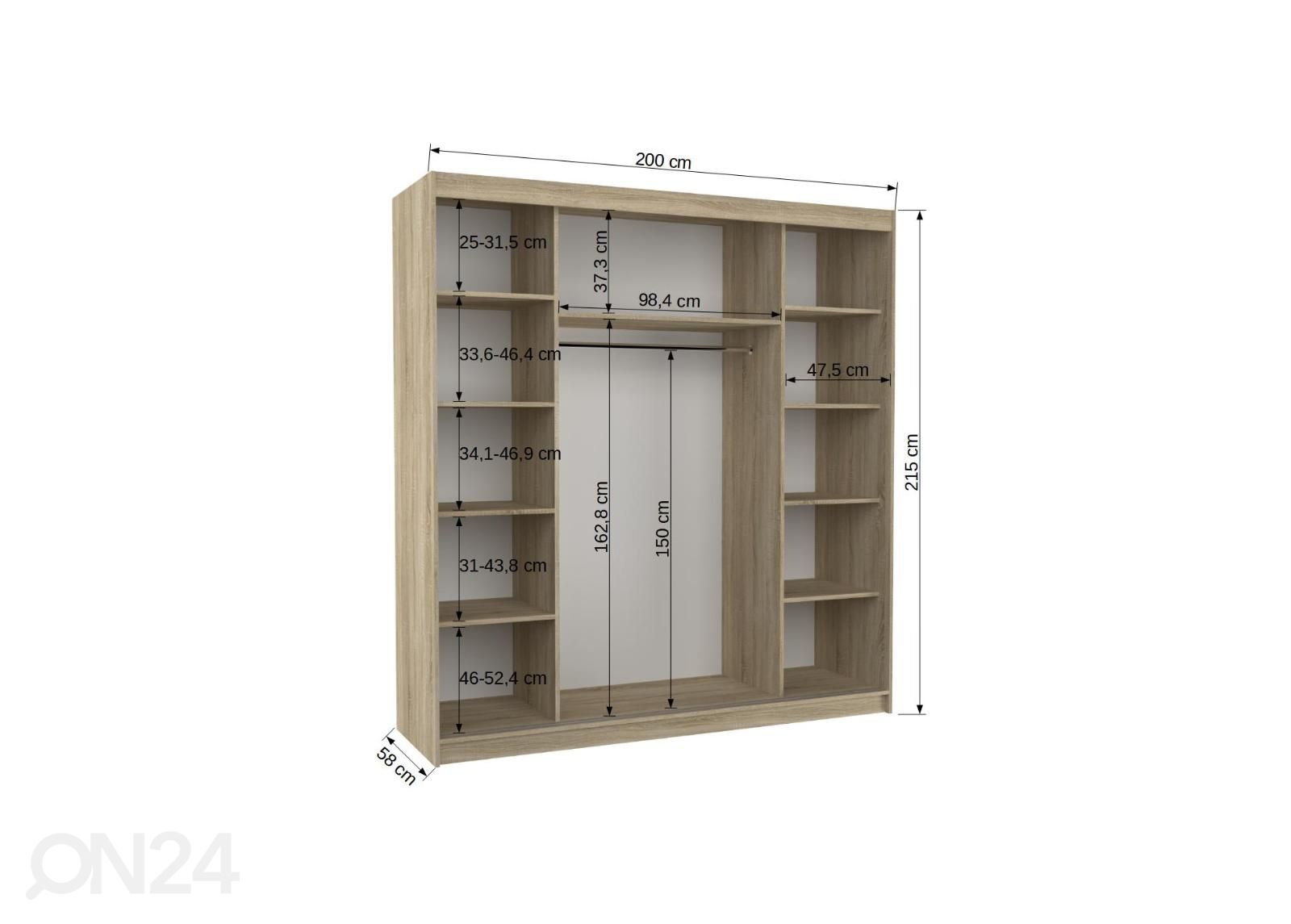 Liukuovikaappi Susana II 200 cm kuvasuurennos mitat