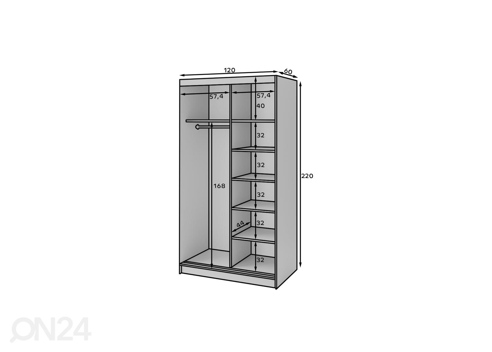 Liukuovinen vaatekaappi Biancco 120 cm kuvasuurennos mitat