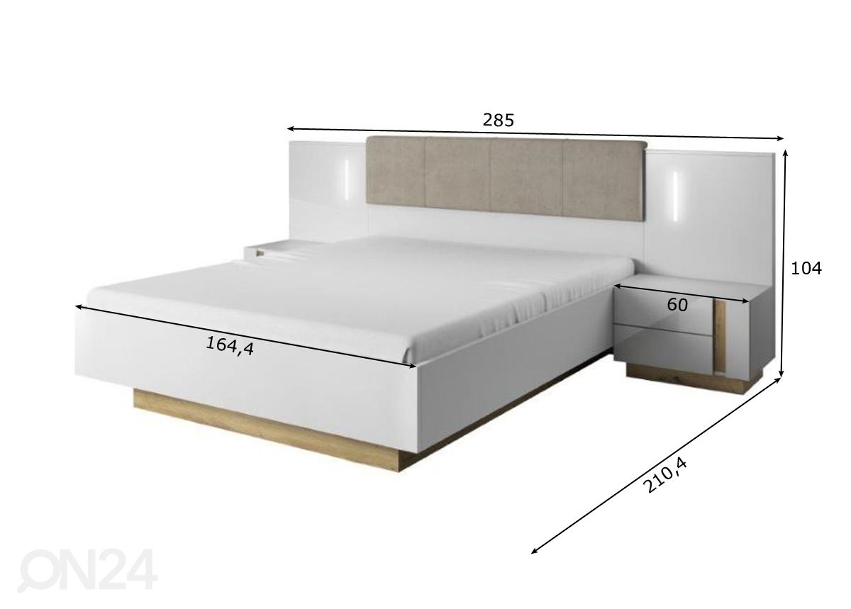 Makuuhuoneen kalustesetti Arco 160x200 cm, Grandsoni tammi / valkoinen korkeakiilto kuvasuurennos mitat