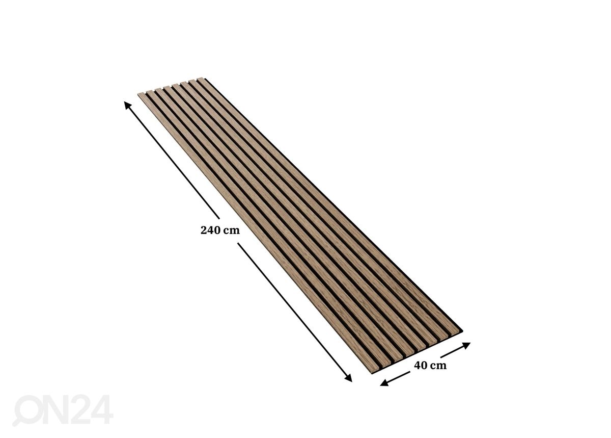 Massiivipuusta valmistettu akustinen rimapaneeli 240x40 cm kuvasuurennos mitat