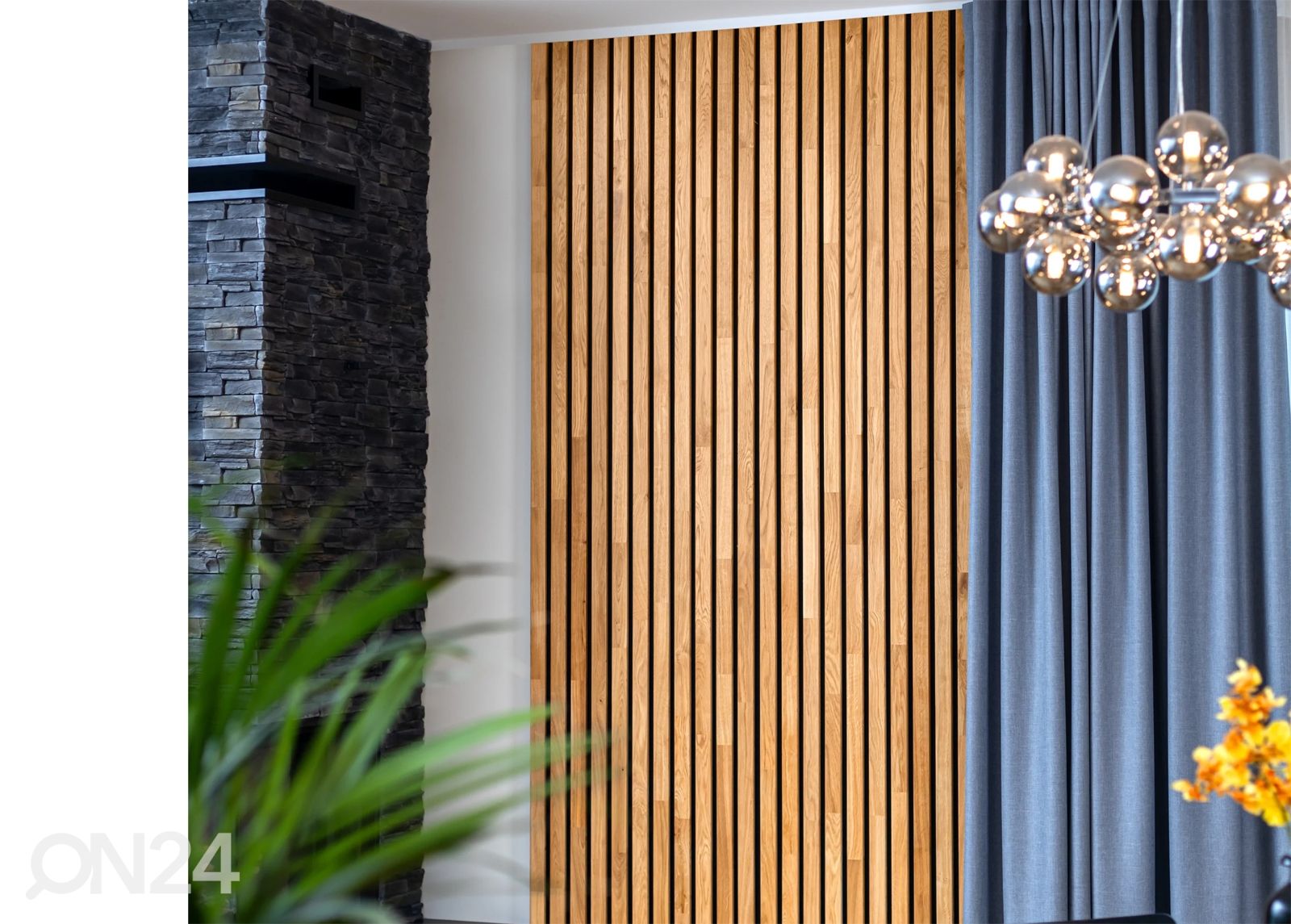 Massiivipuusta valmistettu akustinen seinäpaneeli 240x60 cm kuvasuurennos