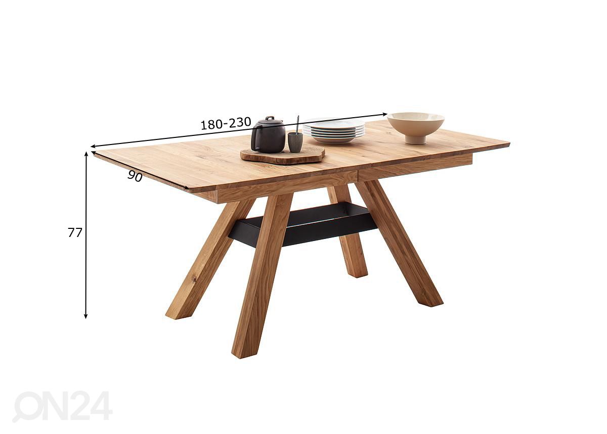 Massiivipuusta valmistettu jatkettava ruokapöytä Pisa 180/230x90 cm kuvasuurennos mitat