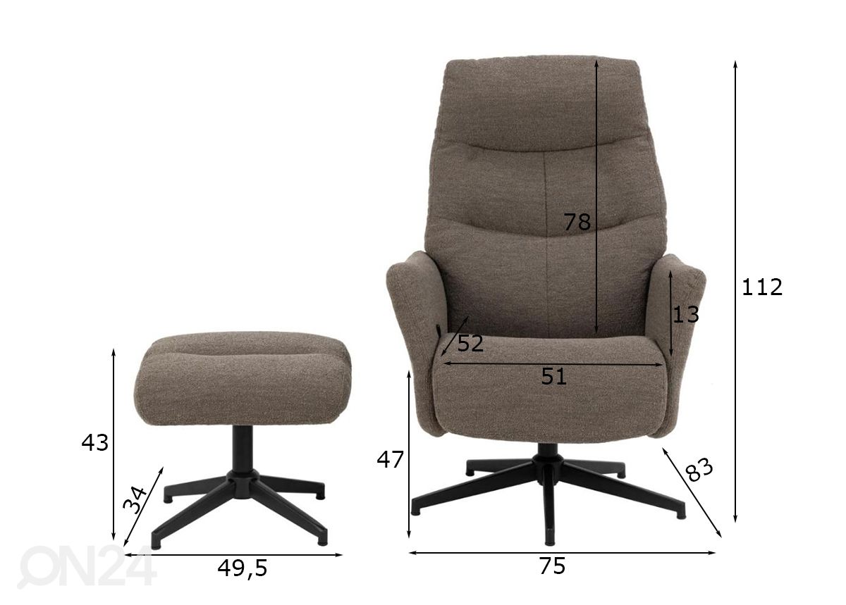 Mekanismituoli Recliner Lom + rahi kuvasuurennos mitat