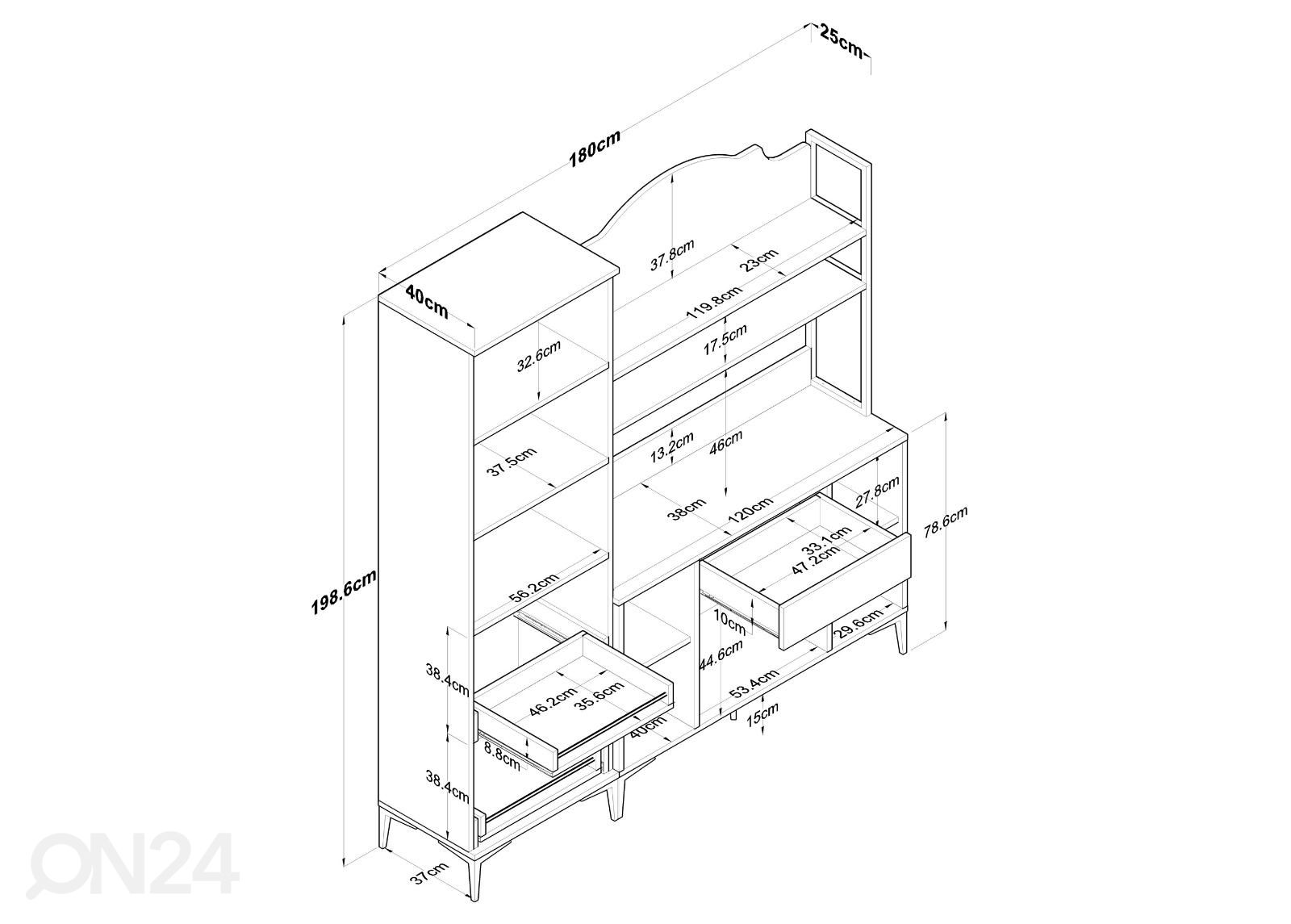 Minikeittiö / keittiökaappi Yes 180 cm kuvasuurennos mitat