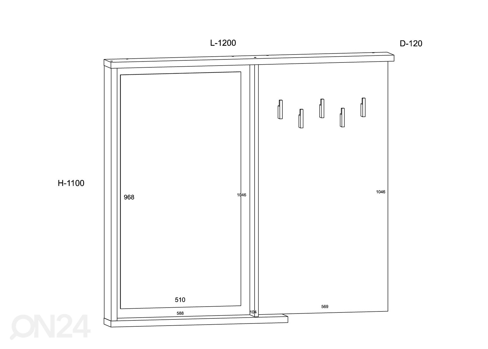 Naulakko peilillä 120 cm kuvasuurennos mitat