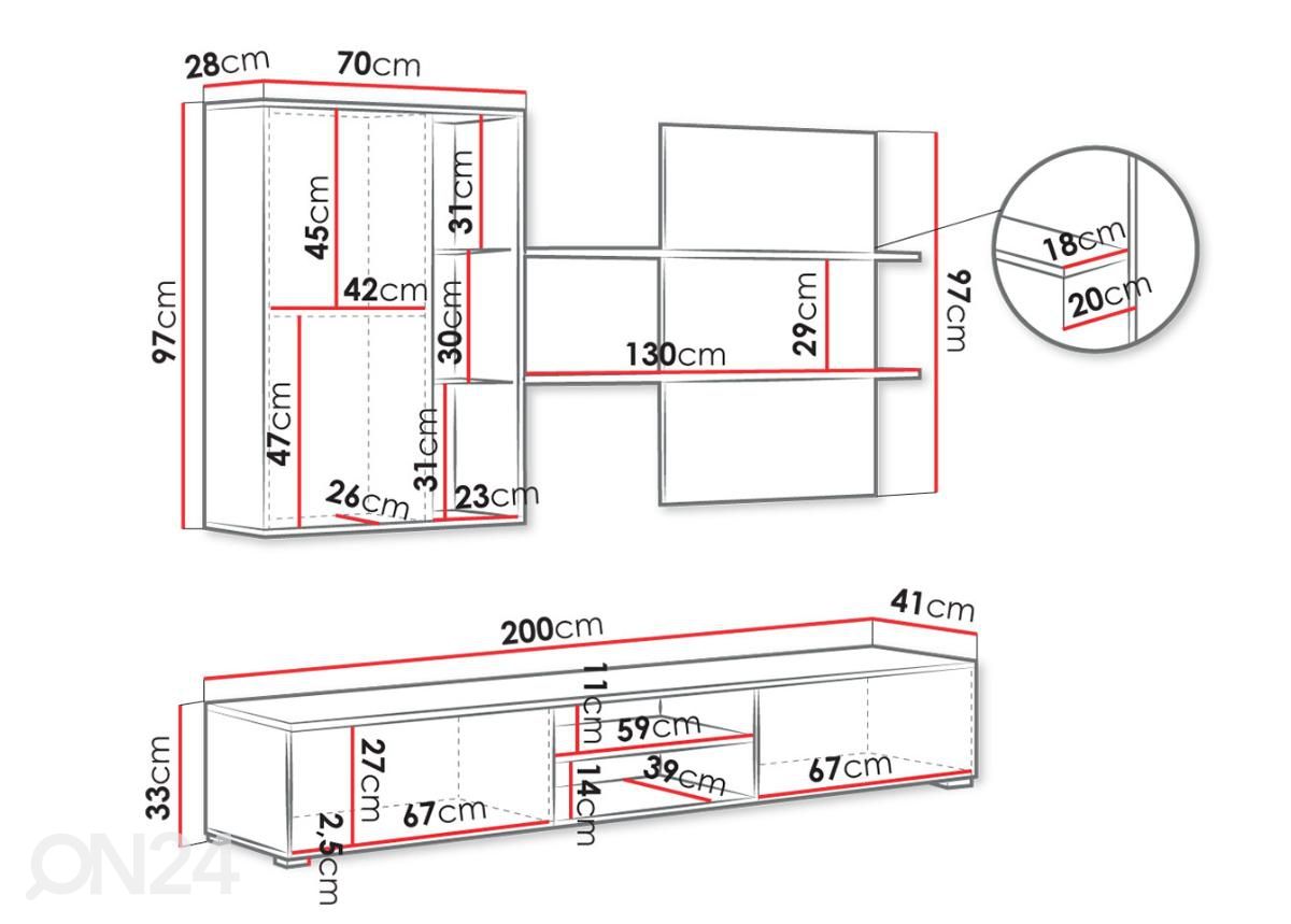 Olohuoneen kalusteet Quatro 200 cm kuvasuurennos mitat