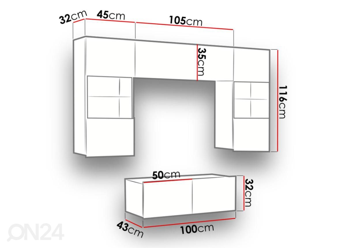 Olohuoneen kalusteryhmä 195 cm + LED-valaistus kuvasuurennos mitat