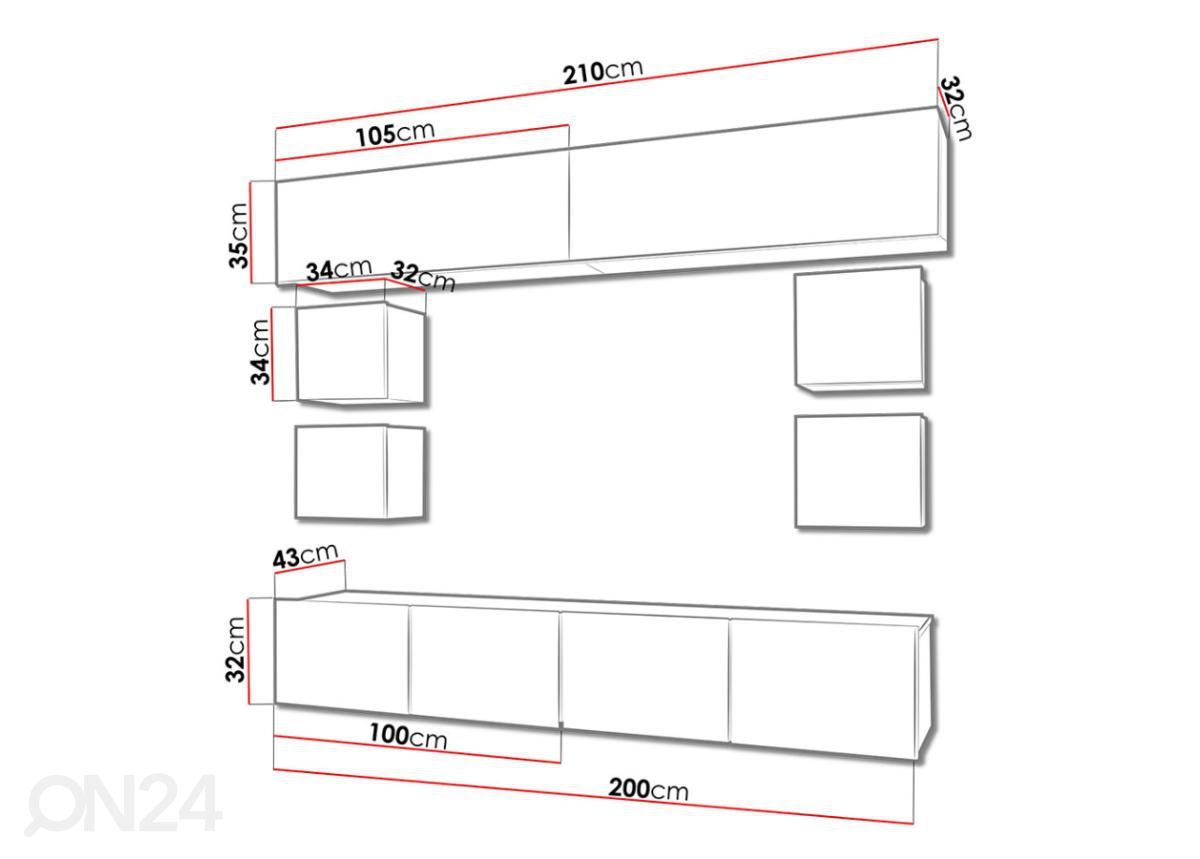 Olohuoneen kalusteryhmä 210 cm kuvasuurennos mitat