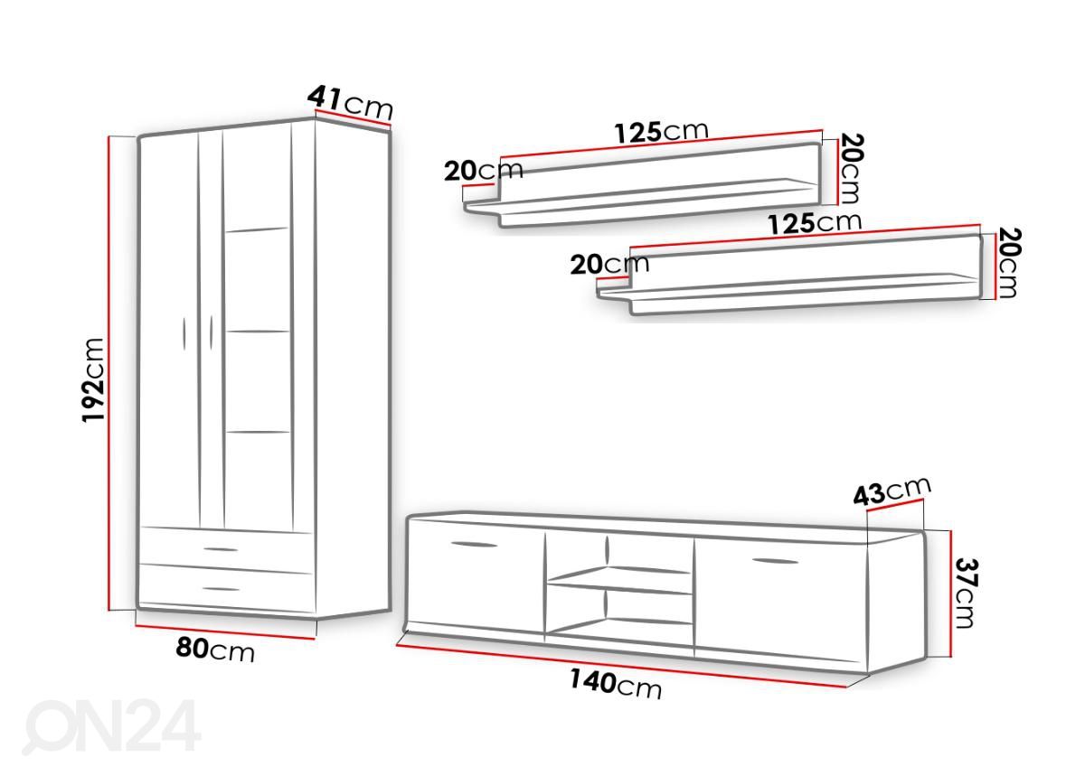 Olohuoneen kalusteryhmä 220 cm + LED-valaistus kuvasuurennos mitat