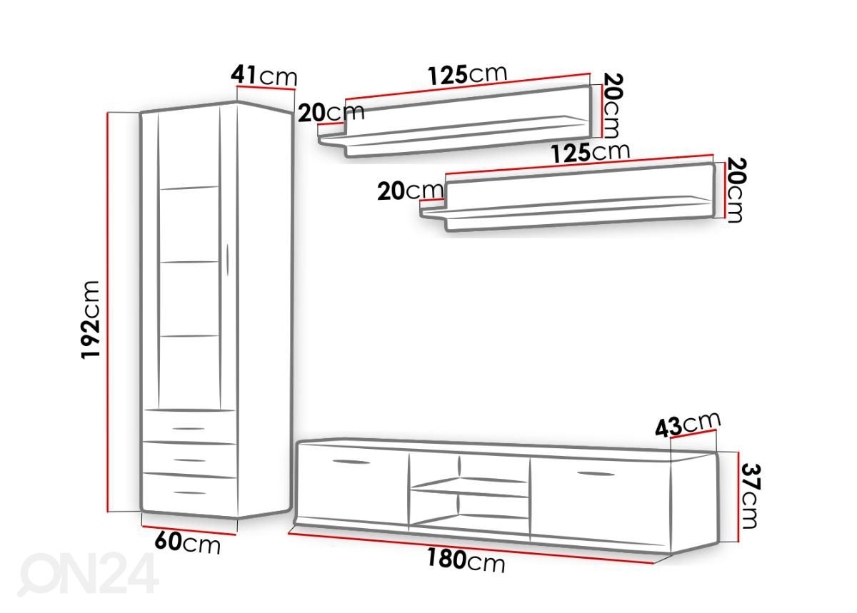 Olohuoneen kalusteryhmä 240 cm + LED valaistus kuvasuurennos mitat