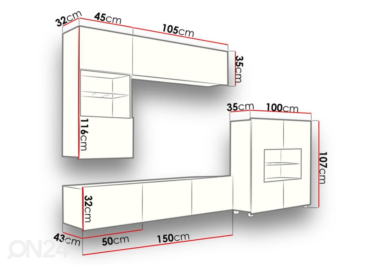 Olohuoneen kalusteryhmä 250 cm kuvasuurennos mitat