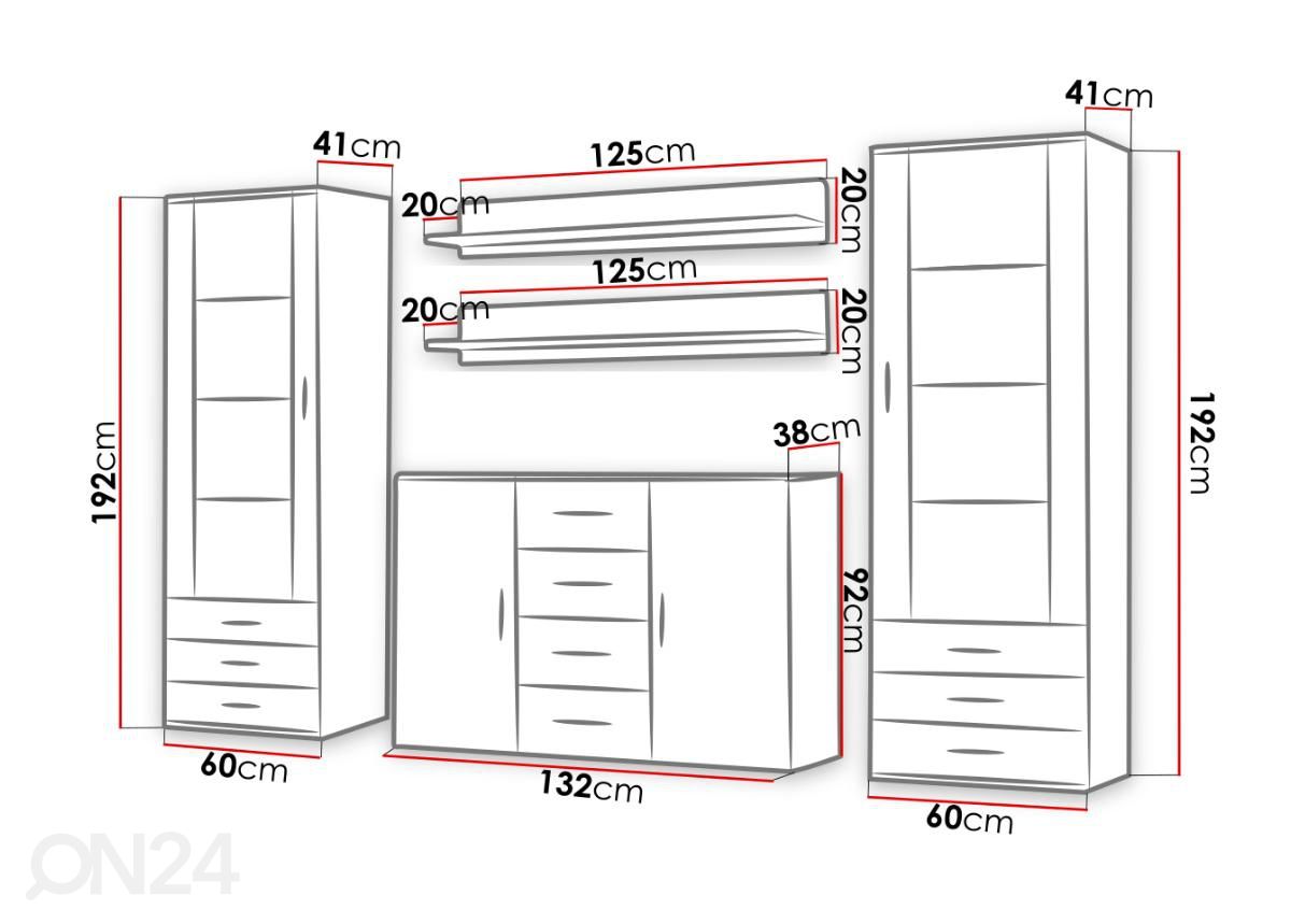 Olohuoneen kalusteryhmä 252 cm kuvasuurennos mitat