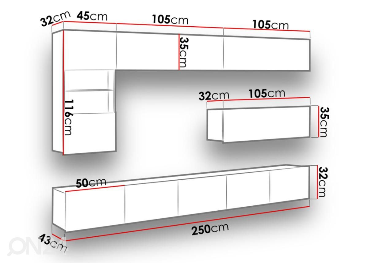 Olohuoneen kalusteryhmä 255 cm kuvasuurennos mitat