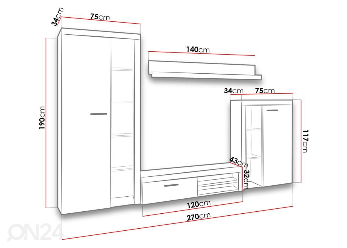 Olohuoneen kalusteryhmä 270 cm kuvasuurennos mitat