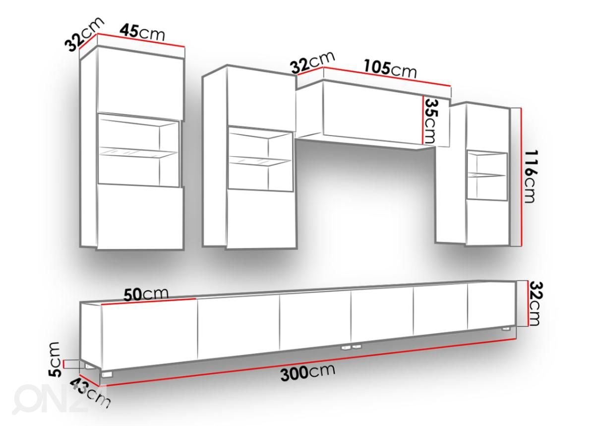 Olohuoneen kalusteryhmä 300 cm kuvasuurennos mitat