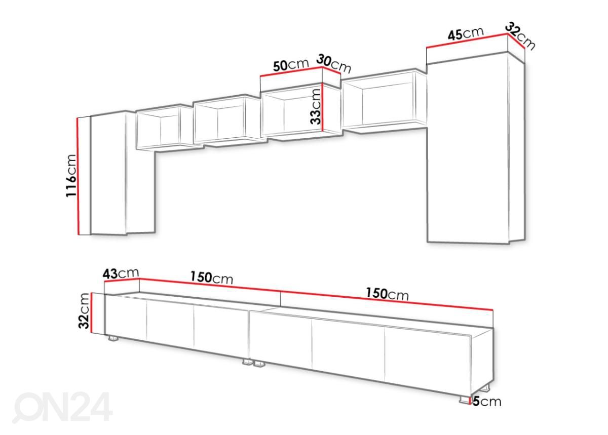 Olohuoneen kalusteryhmä 300 cm kuvasuurennos mitat