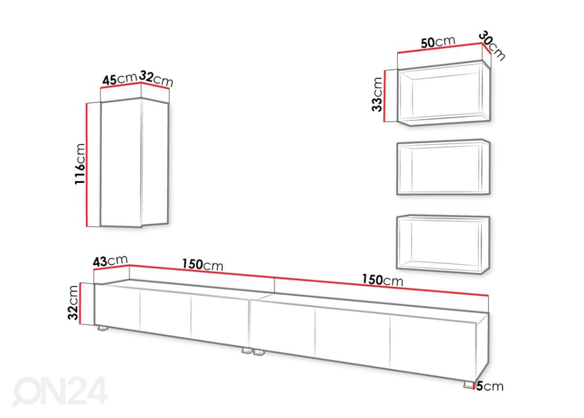 Olohuoneen kalusteryhmä 300 cm kuvasuurennos mitat