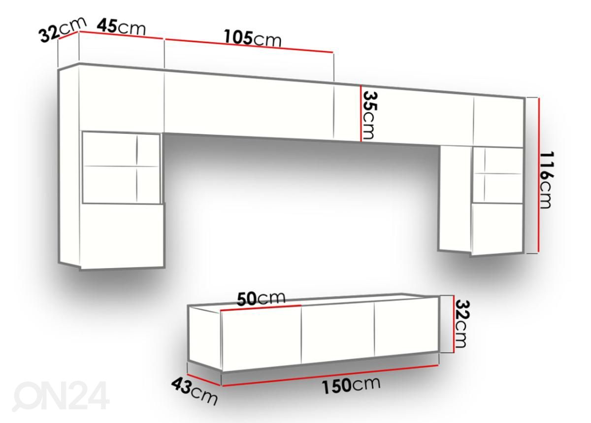 Olohuoneen kalusteryhmä 300 cm kuvasuurennos mitat