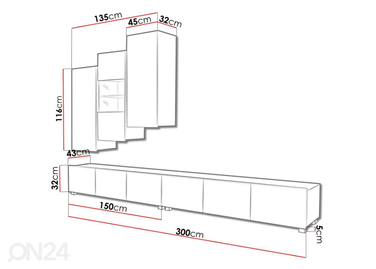 Olohuoneen kalusteryhmä 300 cm kuvasuurennos mitat