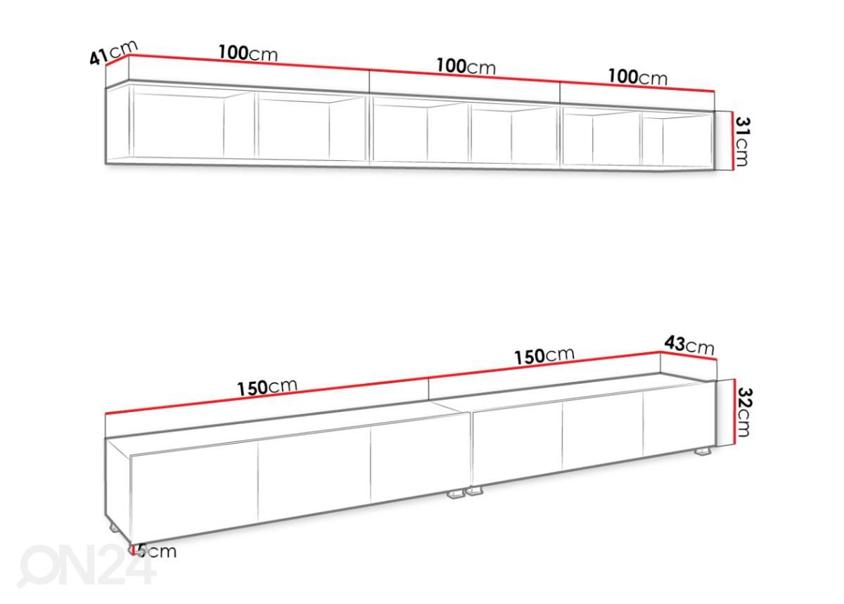 Olohuoneen kalusteryhmä 300 cm kuvasuurennos mitat