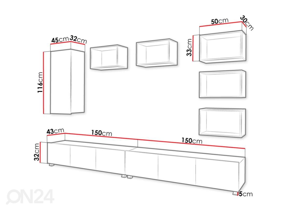 Olohuoneen kalusteryhmä 300 cm kuvasuurennos mitat