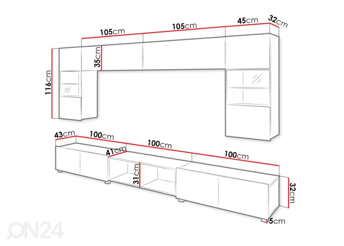 Olohuoneen kalusteryhmä 300 cm kuvasuurennos mitat