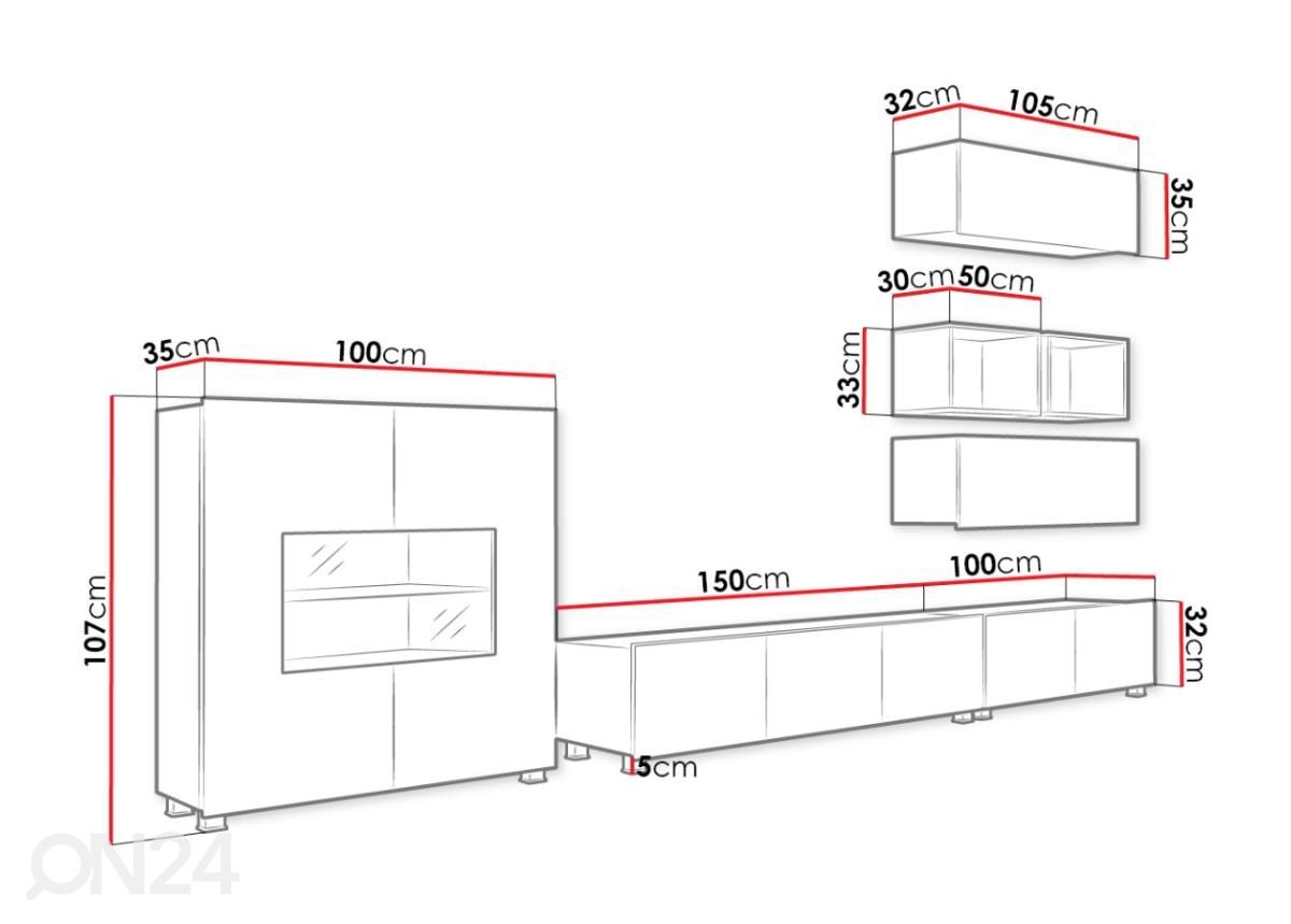 Olohuoneen kalusteryhmä 350 cm kuvasuurennos mitat