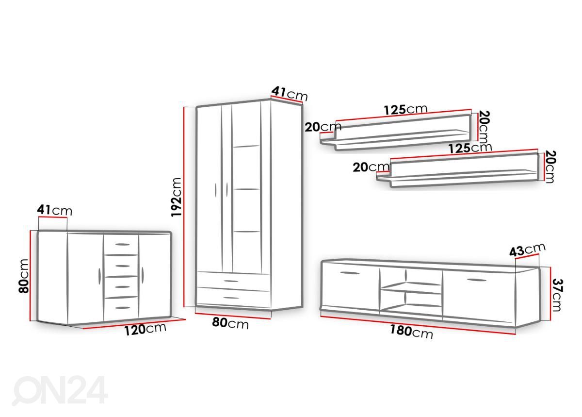 Olohuoneen kalusteryhmä 380 cm kuvasuurennos mitat