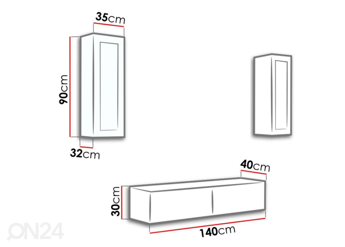 Olohuoneen kalusteryhmä Figo + sininen LED-valaistus kuvasuurennos mitat