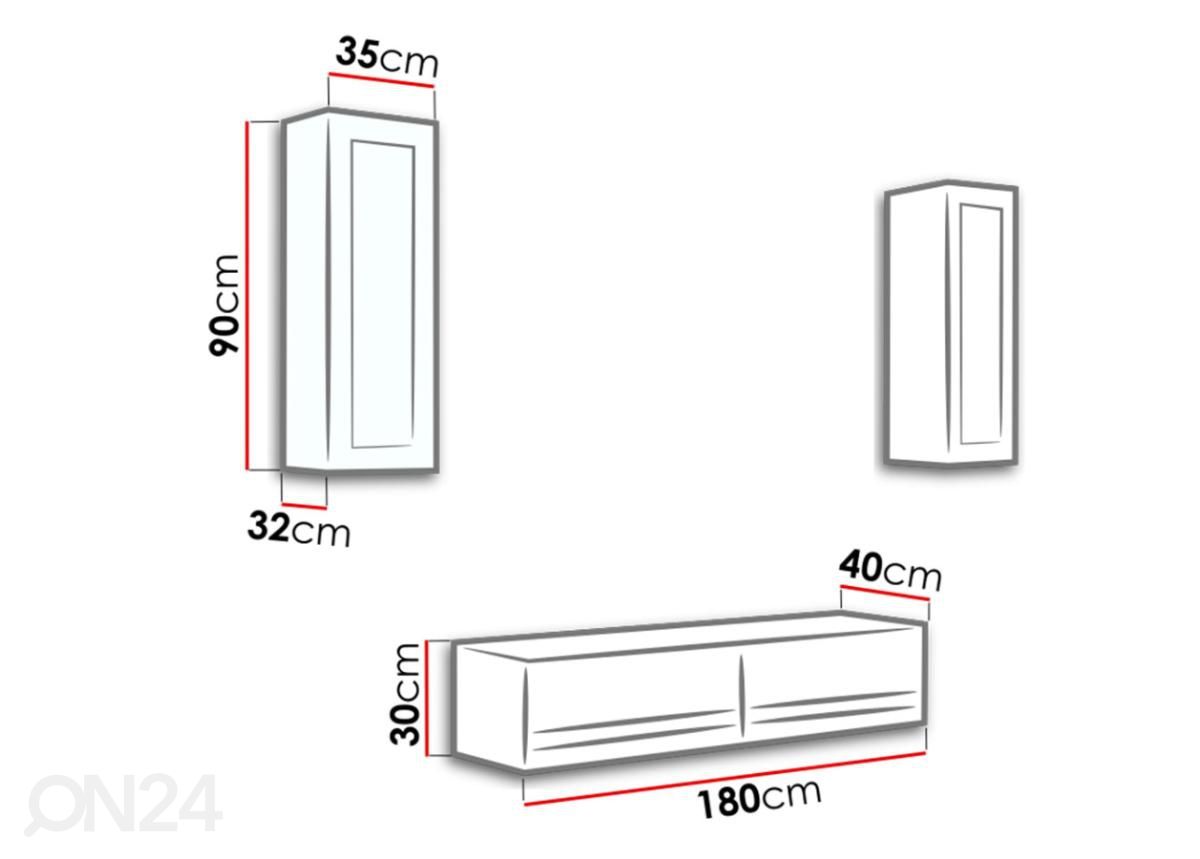 Olohuoneen kalusteryhmä Figo + valkoinen LED-valaistus kuvasuurennos mitat