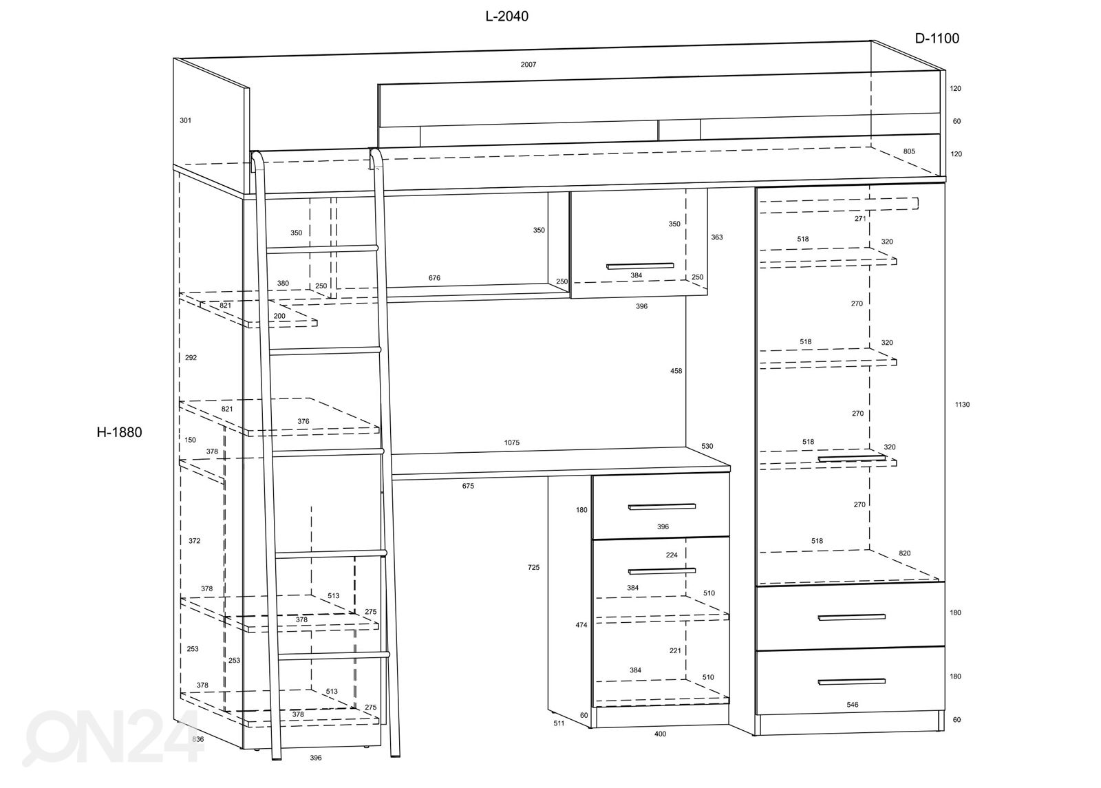 Parvisänky työpöydällä 80x200 cm kuvasuurennos mitat