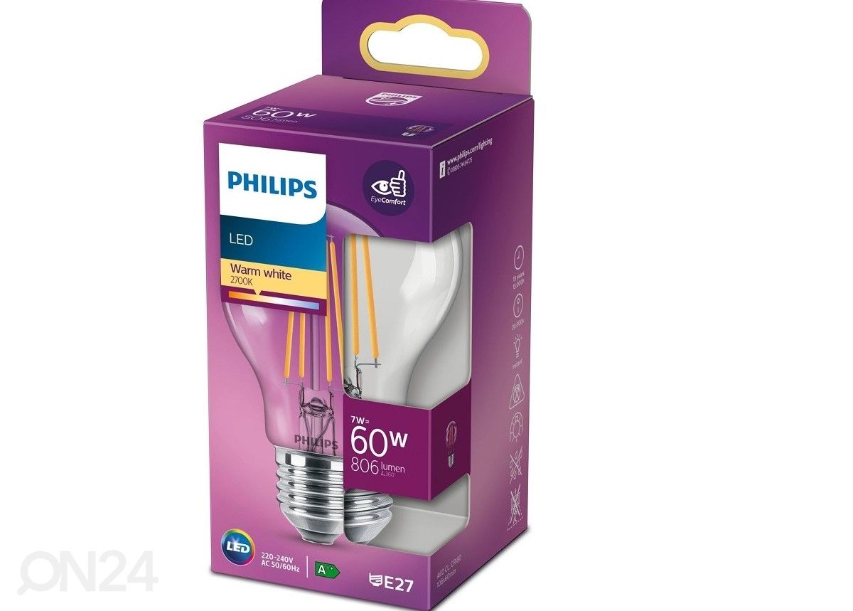 Philips LED Filament-lamppu 60W A60 E27 2700K 806lm kuvasuurennos