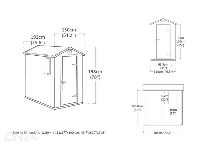 Pihavarasto Keter Manor 1,97 m²; 192x130x198 cm kuvasuurennos mitat