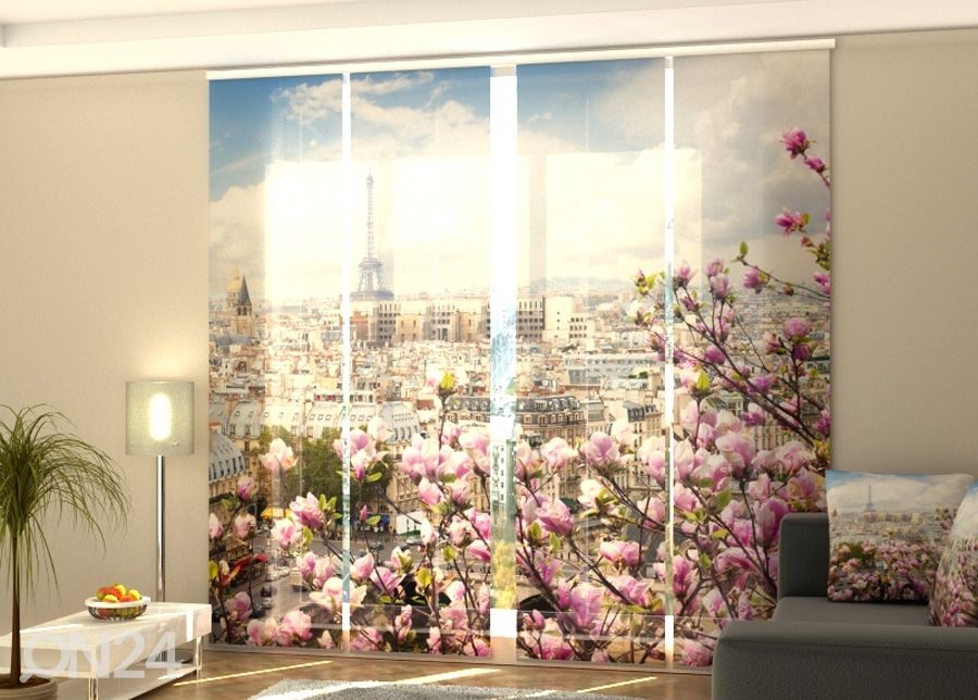 Puolipimentävä paneeliverho Eiffel Tower with Blooming Magnolia 240x240 cm kuvasuurennos