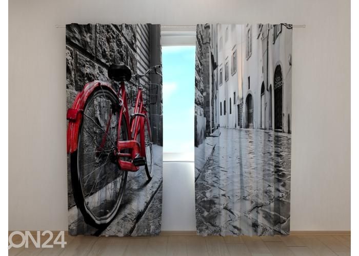 Puolipimentävät verhot Red Bike in Black and White City 240x220 cm kuvasuurennos