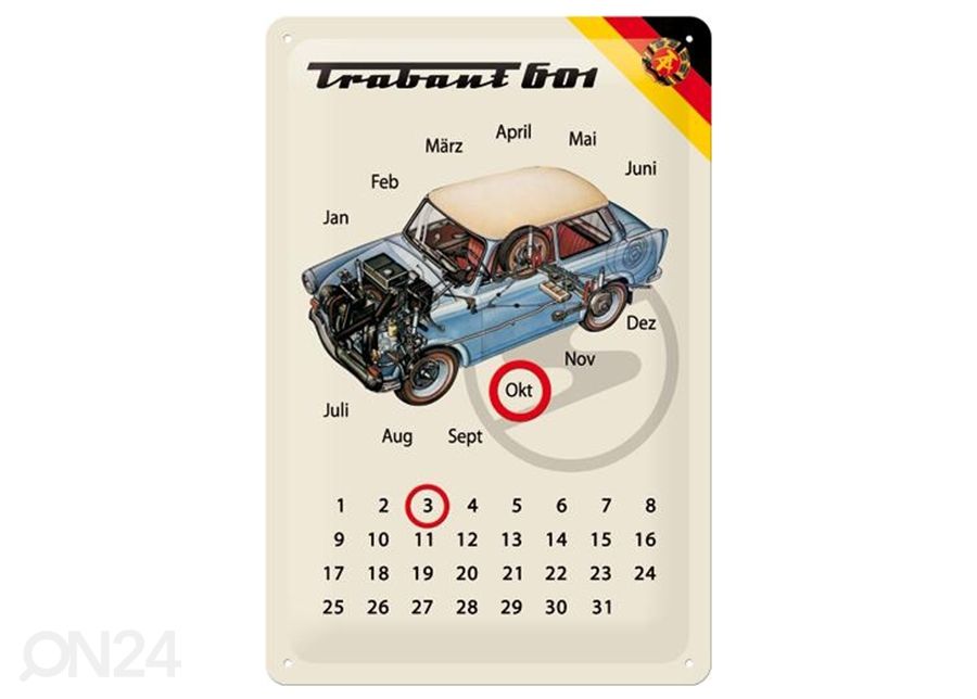 Retro metallikalenteri Trabant 601 20x30 cm kuvasuurennos