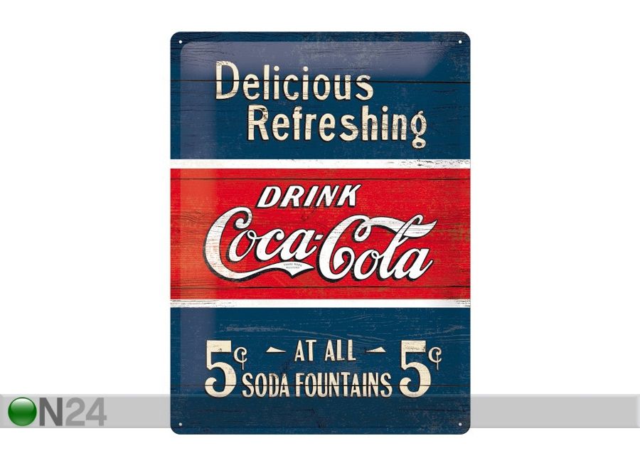 Retro metallitaulu Coca-Cola 5c Delicious Refreshing 30x40 cm kuvasuurennos