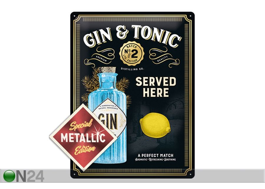 Retro metallitaulu Gin Tonic Served Here Metallic 30x40 cm kuvasuurennos