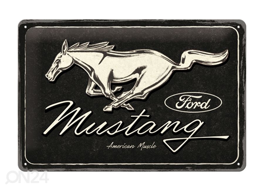 Retro metallitaulu Mustang - Horse Logo Black 20x30 cm kuvasuurennos