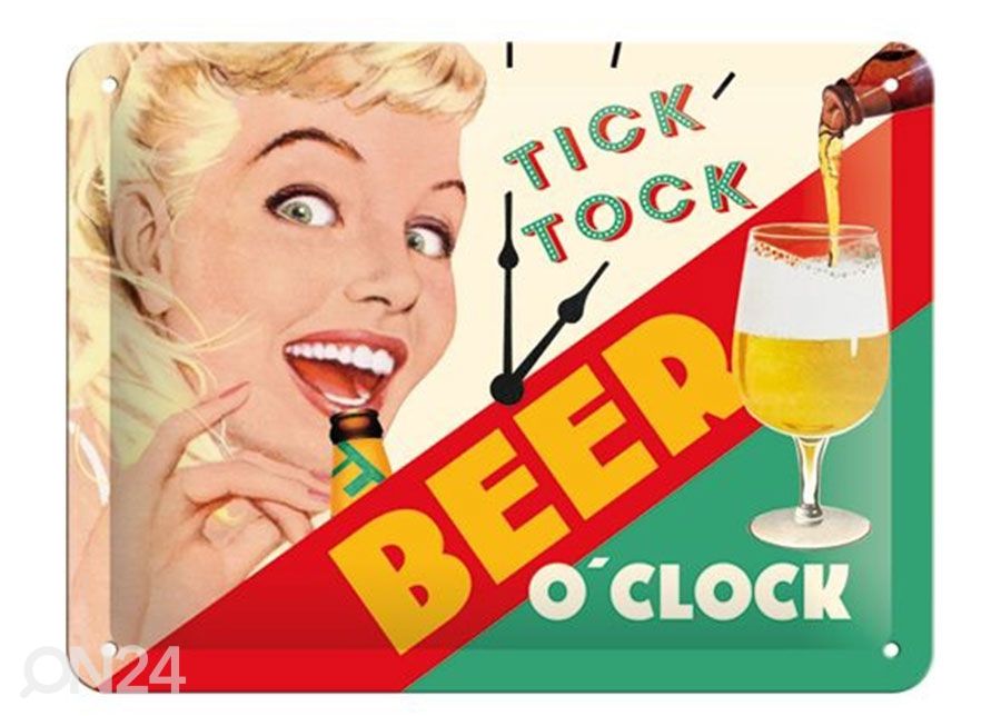 Retro metallitaulu Tick, tock Beer oclock 15x20 cm kuvasuurennos