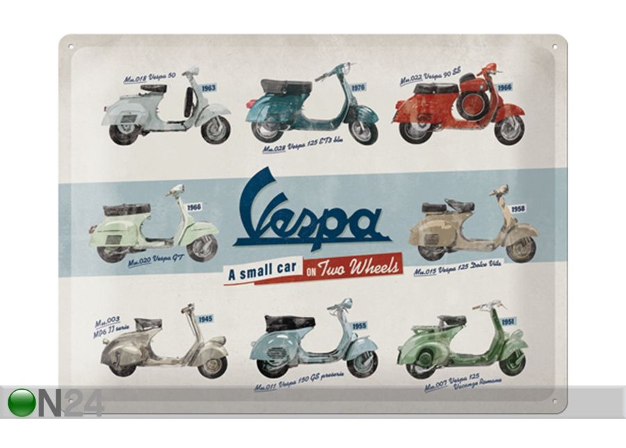 Retro metallitaulu Vespa mallit 30x40 cm kuvasuurennos